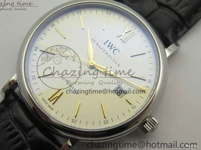 MIROTIME 0106 Affordable Portofino IW356501 SS V3 MK 1:1 Best Edition White Dial Gold Markers On Black Leather Strap MIYOTA 7196